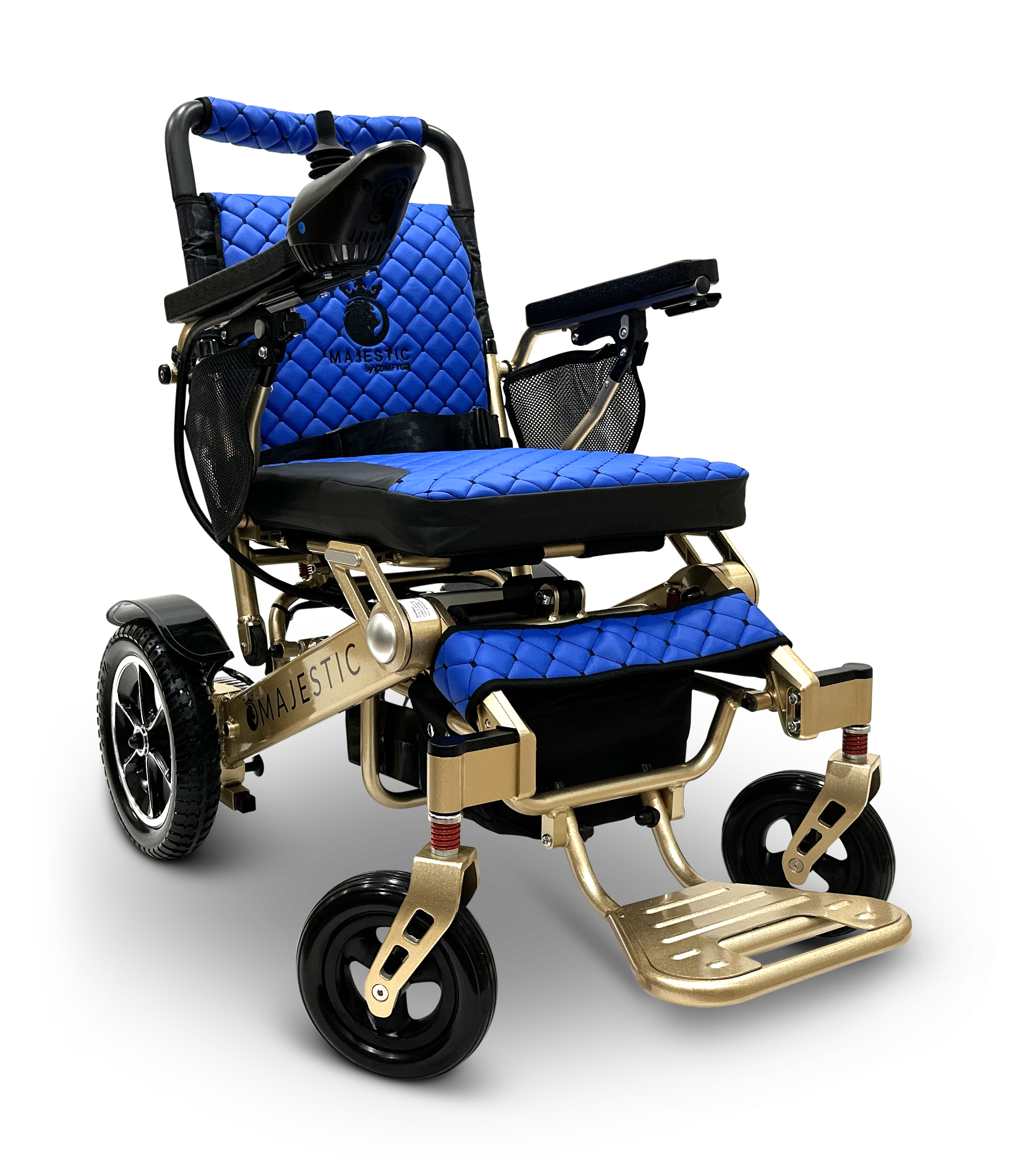 Discover the MAJESTIC IQ-7000 Auto Folding Remote Controlled Electric Wheelchair, featuring a sleek and modern design with a black and blue quilted seat, gold accents, and an intelligent joystick for effortless navigation. With its sturdy wheels and auto-folding capabilities, this wheelchair offers both comfort and style, making it ideal for enhanced mobility.